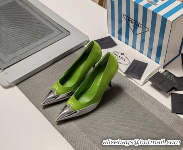 Good Quality Prada High Heel Pumps 8.5cm in Satin and Silver-Tone Glazed TPU Light Green 1227056