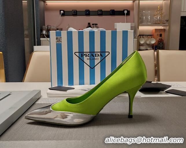 Good Quality Prada High Heel Pumps 8.5cm in Satin and Silver-Tone Glazed TPU Light Green 1227056