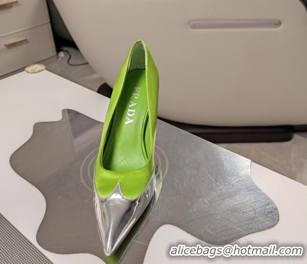 Good Quality Prada High Heel Pumps 8.5cm in Satin and Silver-Tone Glazed TPU Light Green 1227056