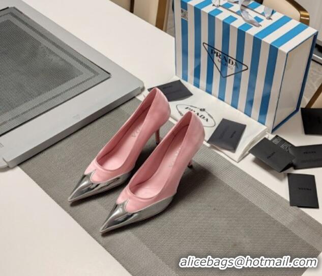 Purchase Prada High Heel Pumps 8.5cm in Satin and Silver-Tone Glazed TPU Light Pink 1227057