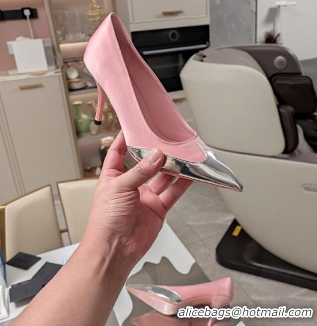 Purchase Prada High Heel Pumps 8.5cm in Satin and Silver-Tone Glazed TPU Light Pink 1227057