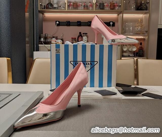 Purchase Prada High Heel Pumps 8.5cm in Satin and Silver-Tone Glazed TPU Light Pink 1227057