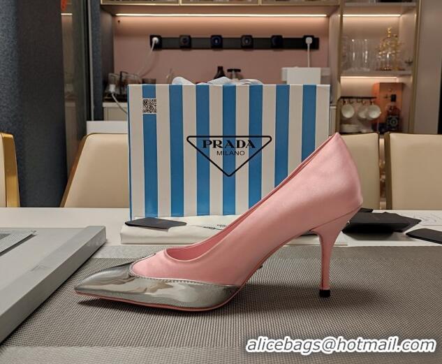 Purchase Prada High Heel Pumps 8.5cm in Satin and Silver-Tone Glazed TPU Light Pink 1227057