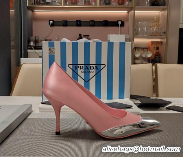 Purchase Prada High Heel Pumps 8.5cm in Satin and Silver-Tone Glazed TPU Light Pink 1227057