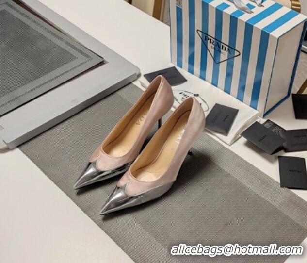 Grade Quality Prada High Heel Pumps 8.5cm in Satin and Silver-Tone Glazed TPU Nude 1227058