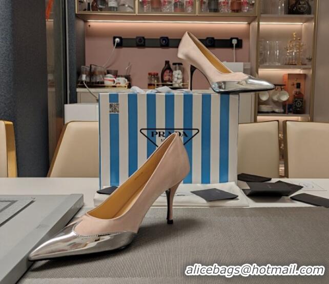 Grade Quality Prada High Heel Pumps 8.5cm in Satin and Silver-Tone Glazed TPU Nude 1227058