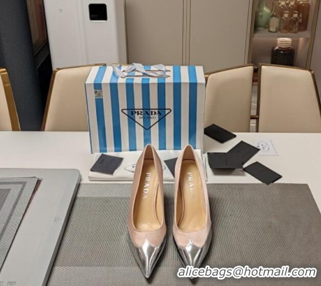 Grade Quality Prada High Heel Pumps 8.5cm in Satin and Silver-Tone Glazed TPU Nude 1227058