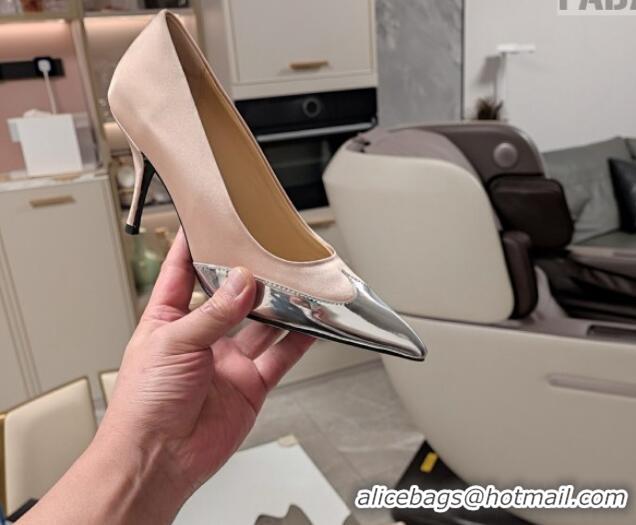 Grade Quality Prada High Heel Pumps 8.5cm in Satin and Silver-Tone Glazed TPU Nude 1227058