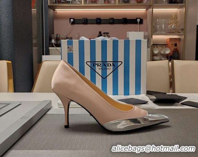 Grade Quality Prada High Heel Pumps 8.5cm in Satin and Silver-Tone Glazed TPU Nude 1227058