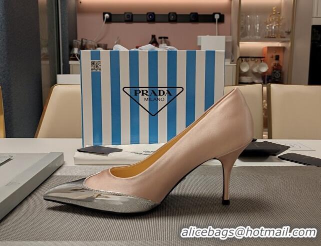 Grade Quality Prada High Heel Pumps 8.5cm in Satin and Silver-Tone Glazed TPU Nude 1227058