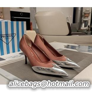 Best Grade Prada High Heel Pumps 8.5cm in Satin and Silver-Tone Glazed TPU Brown 1227059