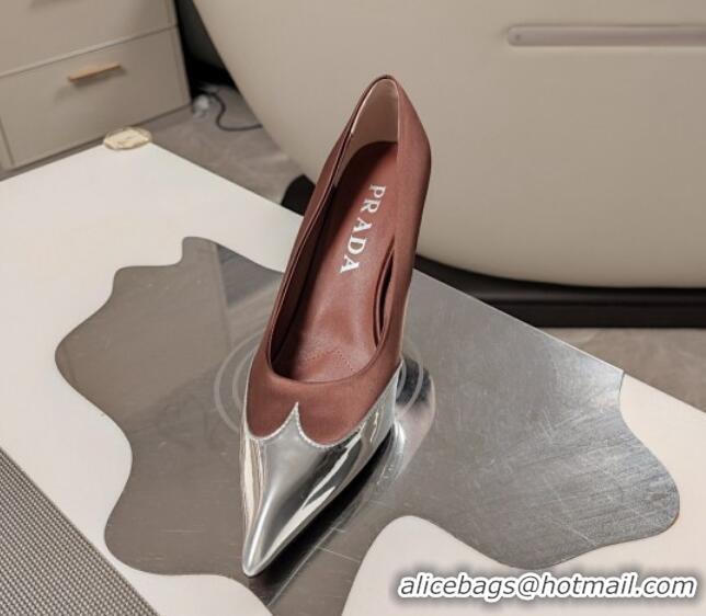 Best Grade Prada High Heel Pumps 8.5cm in Satin and Silver-Tone Glazed TPU Brown 1227059