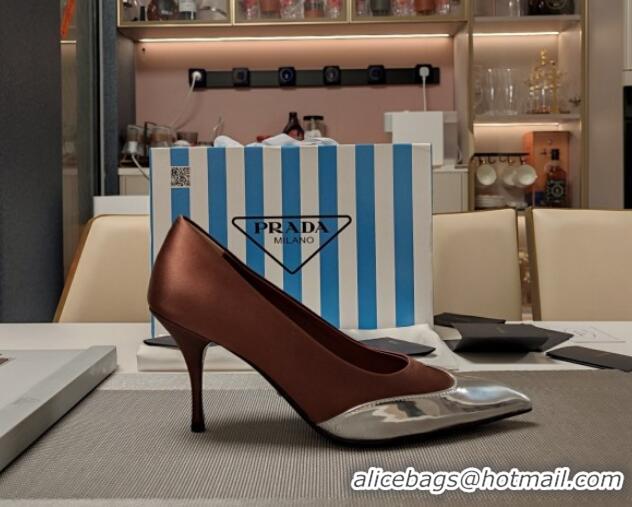 Best Grade Prada High Heel Pumps 8.5cm in Satin and Silver-Tone Glazed TPU Brown 1227059