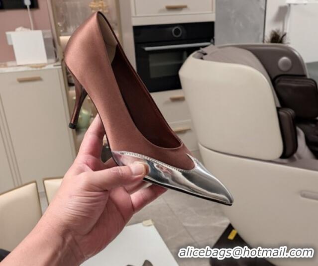 Best Grade Prada High Heel Pumps 8.5cm in Satin and Silver-Tone Glazed TPU Brown 1227059