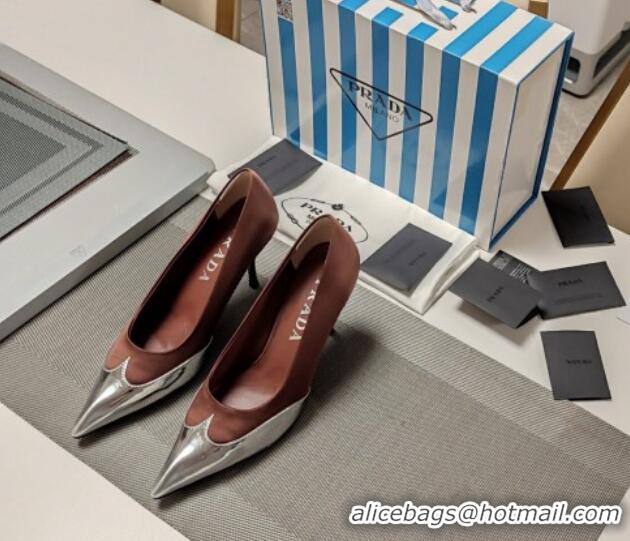 Best Grade Prada High Heel Pumps 8.5cm in Satin and Silver-Tone Glazed TPU Brown 1227059