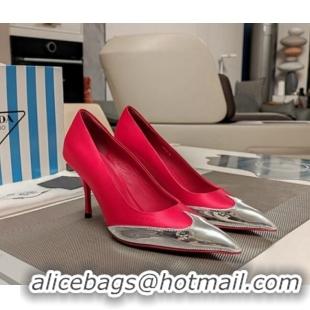 Classic Hot Prada High Heel Pumps 8.5cm in Satin and Silver-Tone Glazed TPU Red 1227060