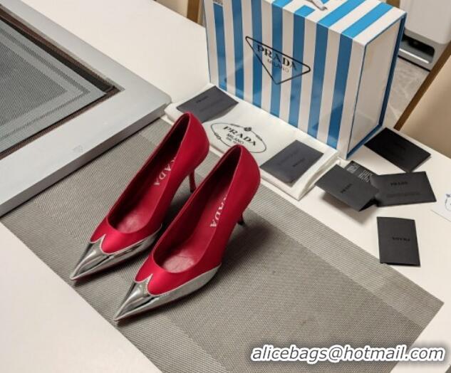 Classic Hot Prada High Heel Pumps 8.5cm in Satin and Silver-Tone Glazed TPU Red 1227060