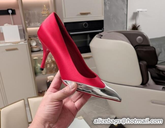 Classic Hot Prada High Heel Pumps 8.5cm in Satin and Silver-Tone Glazed TPU Red 1227060