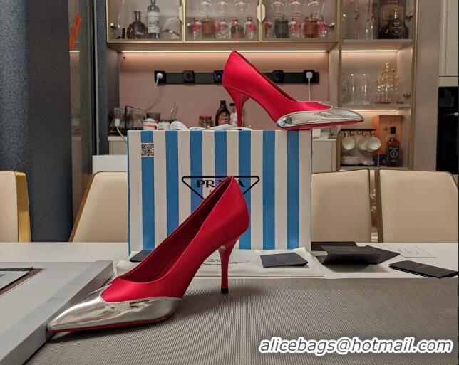 Classic Hot Prada High Heel Pumps 8.5cm in Satin and Silver-Tone Glazed TPU Red 1227060