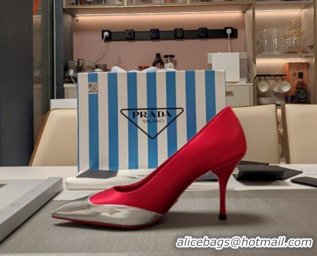 Classic Hot Prada High Heel Pumps 8.5cm in Satin and Silver-Tone Glazed TPU Red 1227060