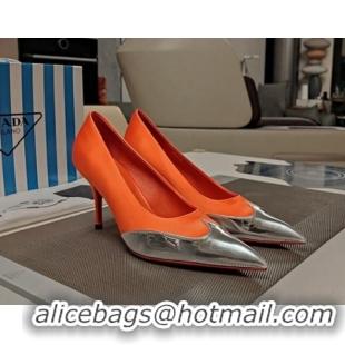 Sumptuous Prada High Heel Pumps 8.5cm in Satin and Silver-Tone Glazed TPU Orange 1227061