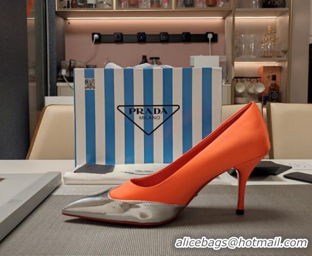 Sumptuous Prada High Heel Pumps 8.5cm in Satin and Silver-Tone Glazed TPU Orange 1227061