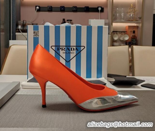 Sumptuous Prada High Heel Pumps 8.5cm in Satin and Silver-Tone Glazed TPU Orange 1227061