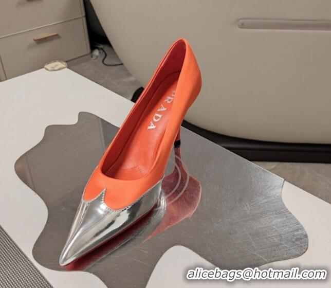 Sumptuous Prada High Heel Pumps 8.5cm in Satin and Silver-Tone Glazed TPU Orange 1227061