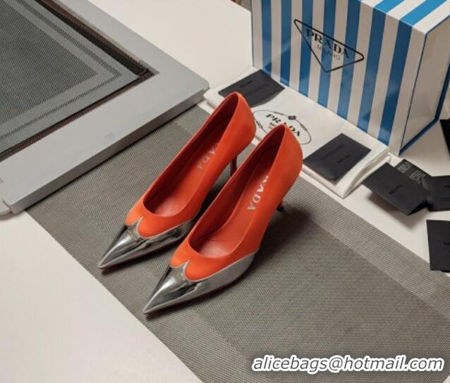 Sumptuous Prada High Heel Pumps 8.5cm in Satin and Silver-Tone Glazed TPU Orange 1227061