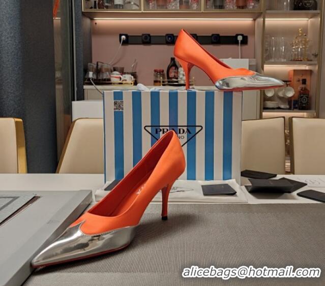 Sumptuous Prada High Heel Pumps 8.5cm in Satin and Silver-Tone Glazed TPU Orange 1227061