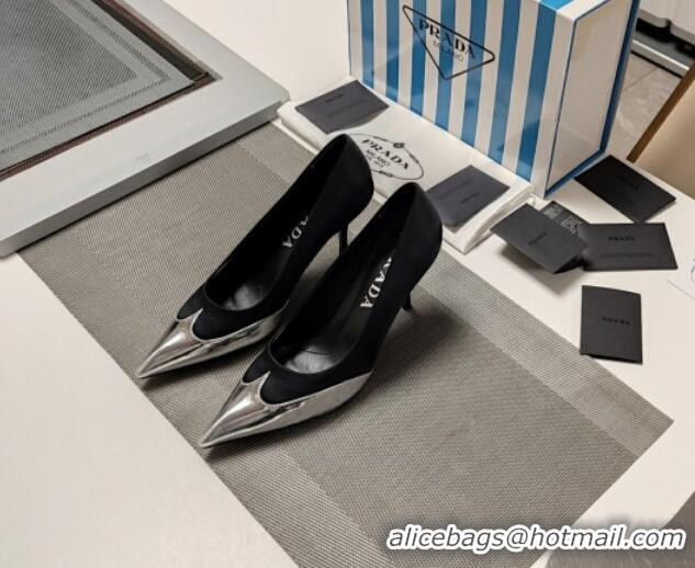 Best Product Prada High Heel Pumps 8.5cm in Satin and Silver-Tone Glazed TPU Black 1227062