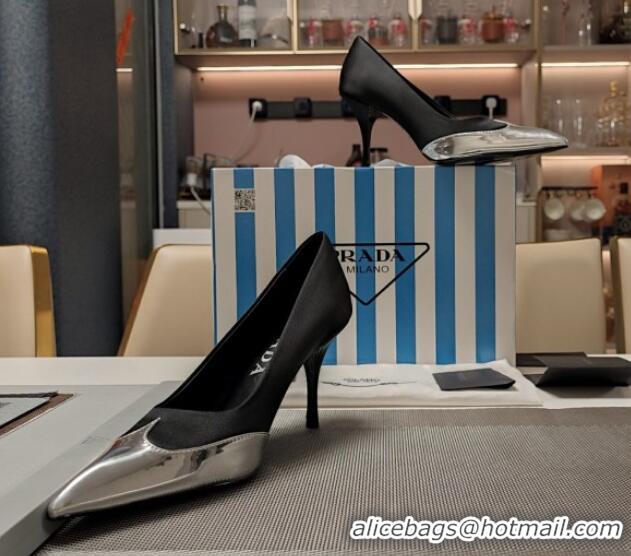 Best Product Prada High Heel Pumps 8.5cm in Satin and Silver-Tone Glazed TPU Black 1227062