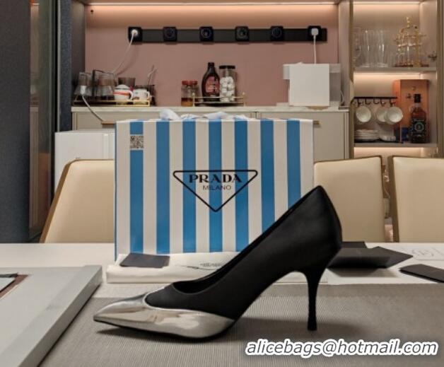 Best Product Prada High Heel Pumps 8.5cm in Satin and Silver-Tone Glazed TPU Black 1227062