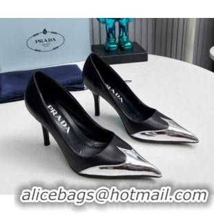 Perfect Prada High Heel Pumps 8.5cm in Calf Leather and Silver-Tone Glazed TPU Black 1227063