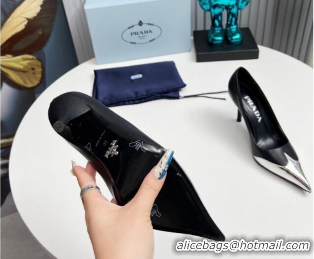 Perfect Prada High Heel Pumps 8.5cm in Calf Leather and Silver-Tone Glazed TPU Black 1227063