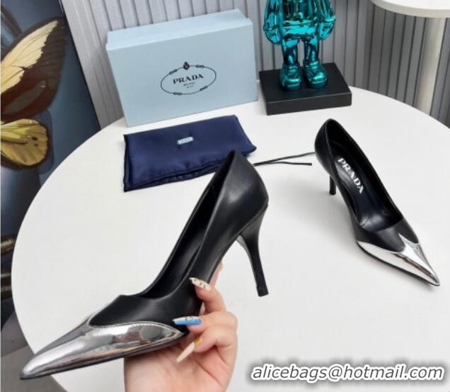 Perfect Prada High Heel Pumps 8.5cm in Calf Leather and Silver-Tone Glazed TPU Black 1227063