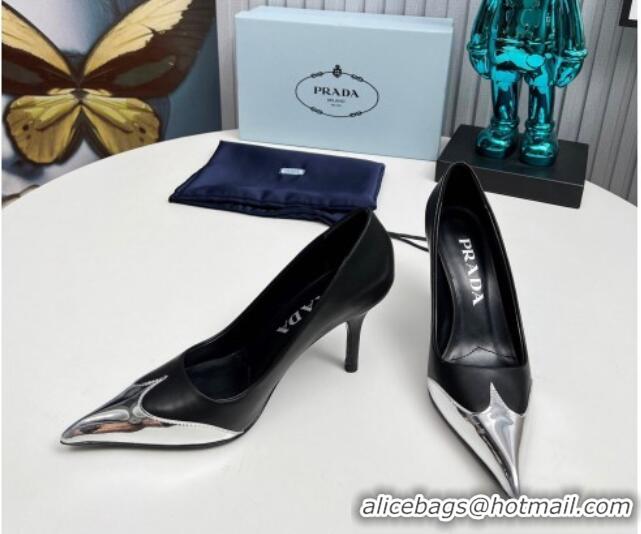 Perfect Prada High Heel Pumps 8.5cm in Calf Leather and Silver-Tone Glazed TPU Black 1227063