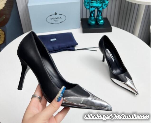 Perfect Prada High Heel Pumps 8.5cm in Calf Leather and Silver-Tone Glazed TPU Black 1227063