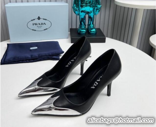 Perfect Prada High Heel Pumps 8.5cm in Calf Leather and Silver-Tone Glazed TPU Black 1227063