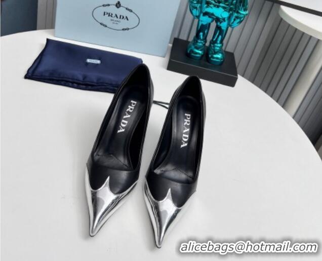 Perfect Prada High Heel Pumps 8.5cm in Calf Leather and Silver-Tone Glazed TPU Black 1227063