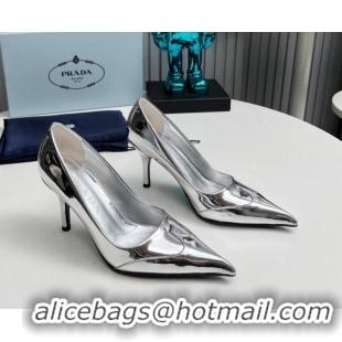 Pretty Style Prada High Heel Pumps 8.5cm in Brushed Leather and Silver-Tone Glazed TPU Silver 1227064