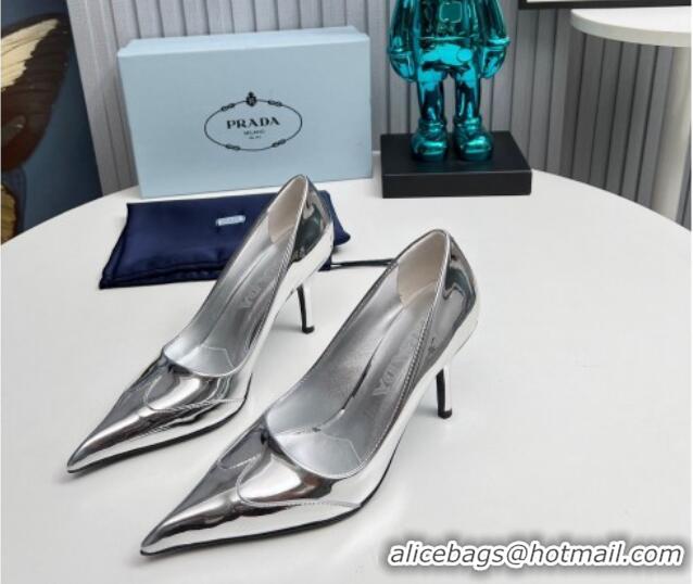 Pretty Style Prada High Heel Pumps 8.5cm in Brushed Leather and Silver-Tone Glazed TPU Silver 1227064