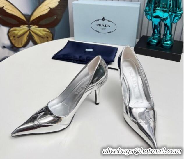 Pretty Style Prada High Heel Pumps 8.5cm in Brushed Leather and Silver-Tone Glazed TPU Silver 1227064