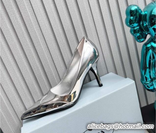 Pretty Style Prada High Heel Pumps 8.5cm in Brushed Leather and Silver-Tone Glazed TPU Silver 1227064