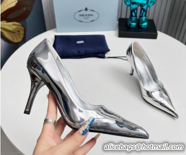 Pretty Style Prada High Heel Pumps 8.5cm in Brushed Leather and Silver-Tone Glazed TPU Silver 1227064