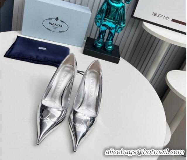 Pretty Style Prada High Heel Pumps 8.5cm in Brushed Leather and Silver-Tone Glazed TPU Silver 1227064