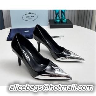 Buy Luxury Prada High Heel Pumps 8.5cm in Brushed Leather and Silver-Tone Glazed TPU Black 1227065