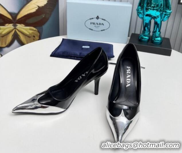 Buy Luxury Prada High Heel Pumps 8.5cm in Brushed Leather and Silver-Tone Glazed TPU Black 1227065