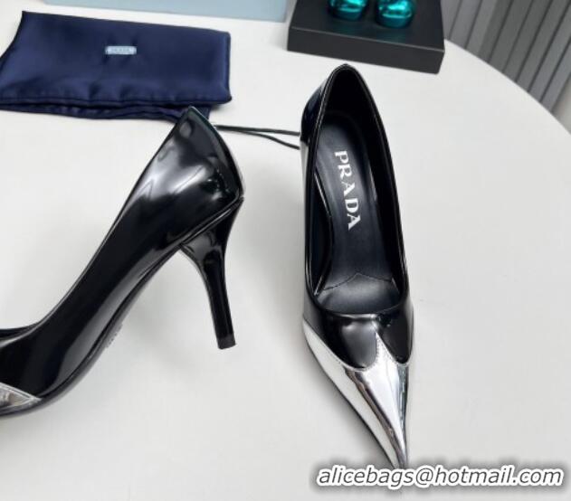 Buy Luxury Prada High Heel Pumps 8.5cm in Brushed Leather and Silver-Tone Glazed TPU Black 1227065