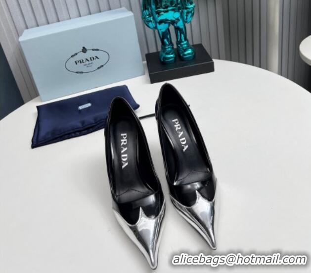 Buy Luxury Prada High Heel Pumps 8.5cm in Brushed Leather and Silver-Tone Glazed TPU Black 1227065